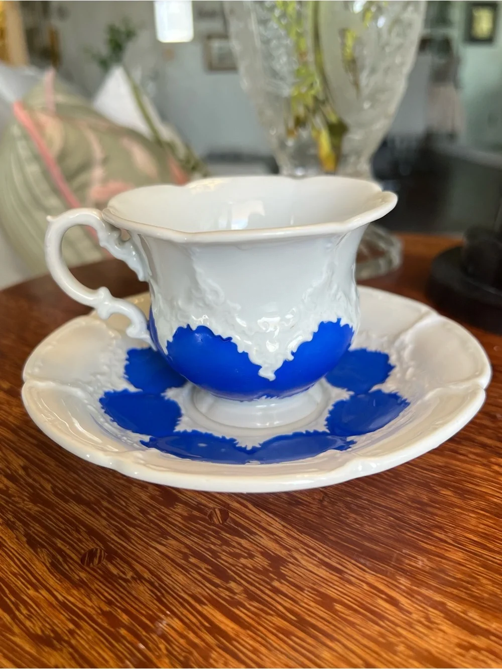 Authentic Meissen B-Form Cobalt Blue and White Porcelain Teacup & Saucer Set